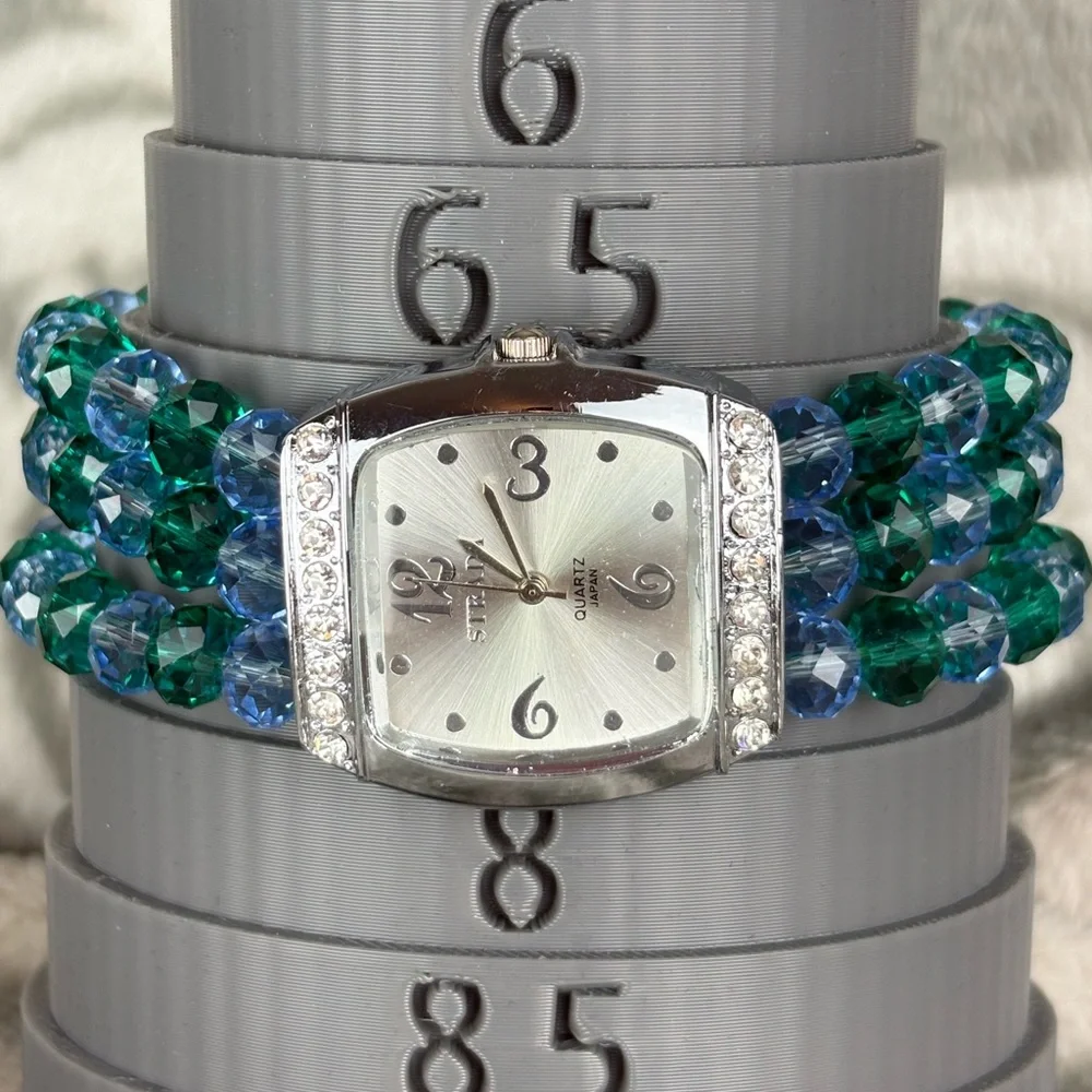 Strada Japanese Quartz Watch | Silver Tone Crystal Bezel Beaded Stretch Bracelet